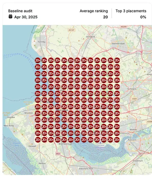 Google Maps ranking grid before for "dog bite lawyer", Personal injury law