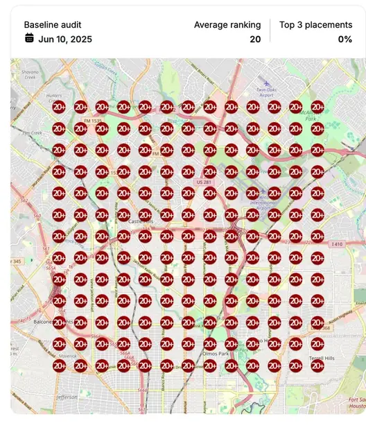 Google Maps ranking grid before for "med spa weight loss near me", Med spa / weight loss