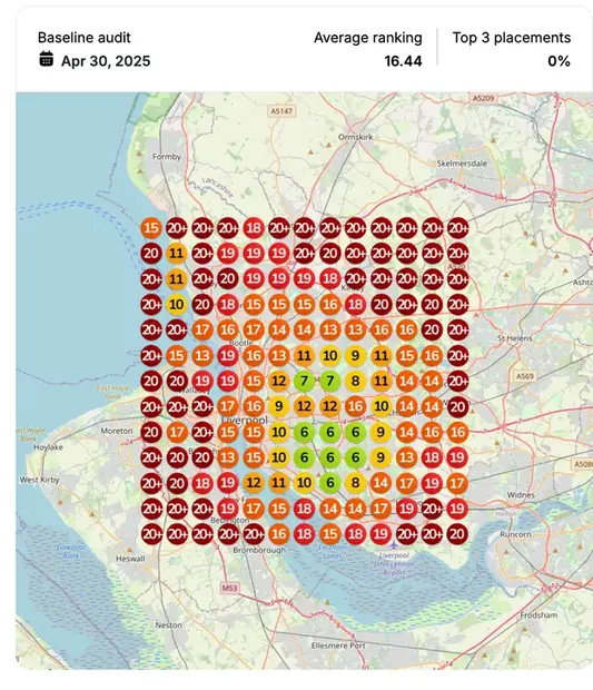Google Maps ranking grid before for "slip and fall attorney", Personal injury law