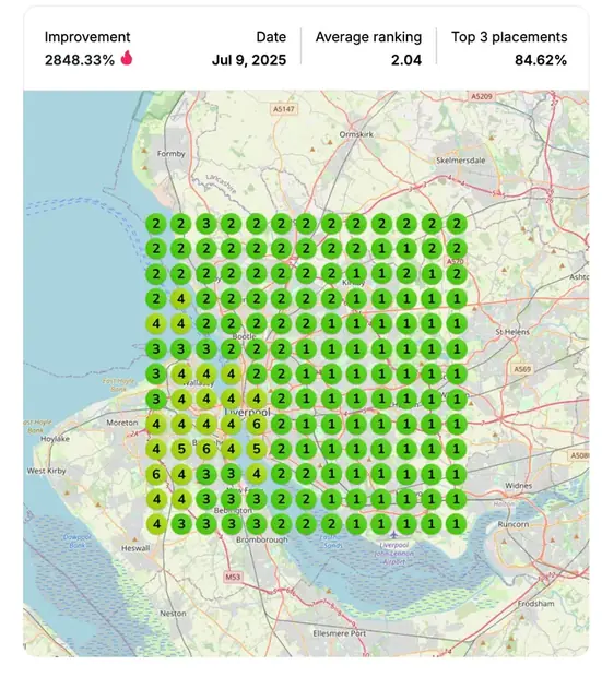 Google Maps ranking grid after for "slip and fall attorney", Personal injury law