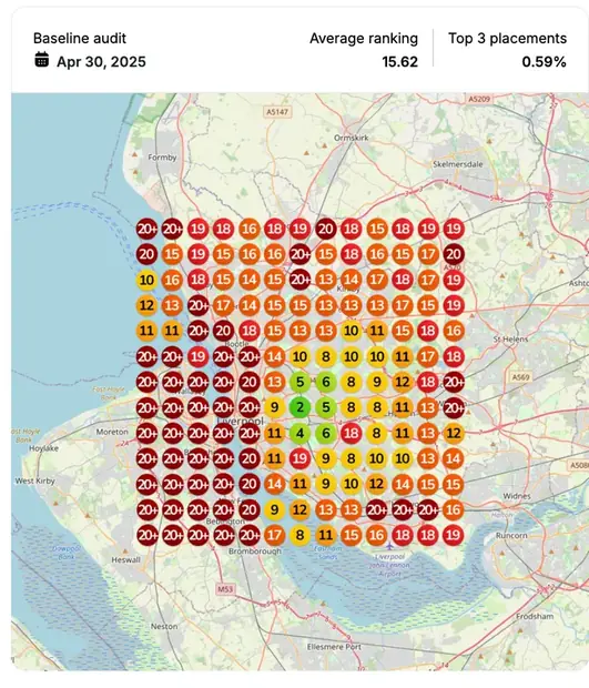 Google Maps ranking grid before for "motorcycle accident lawyer", Personal injury law