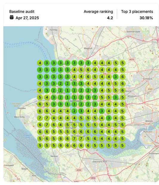 Google Maps ranking grid before for "medical negligence lawyer", Personal injury law
