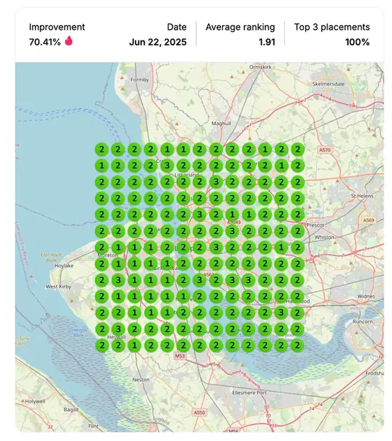 Google Maps ranking grid after for "no win no fee lawyer", Personal injury law