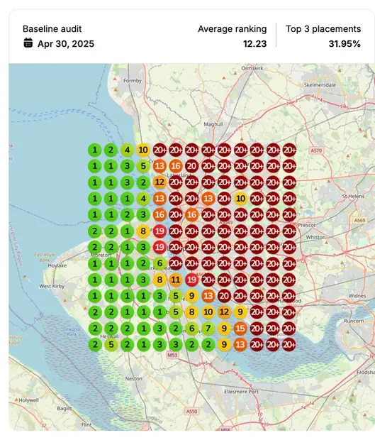 Google Maps ranking grid before for "personal injury lawyer", Personal injury law