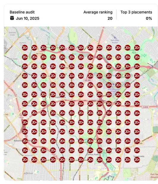 Google Maps ranking grid before for "[city] semaglutide", Med spa / weight loss