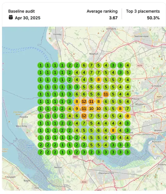 Google Maps ranking grid before for "medical negligence", Personal injury law