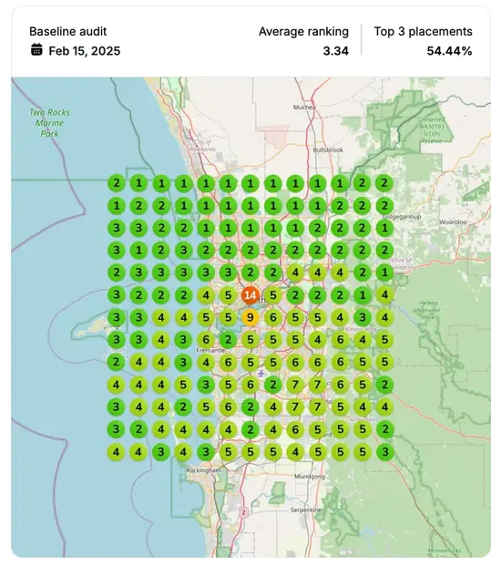 Google Maps ranking grid before for "[city] building companies", Home builder