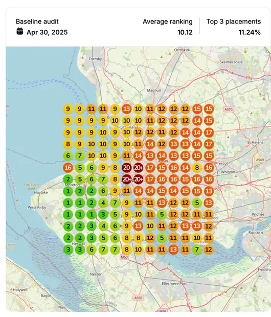 Google Maps ranking grid before for "best personal injury lawyer near me", Personal injury law