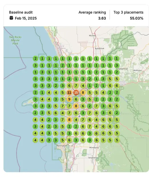 Google Maps ranking grid before for "building companies [city]", Home builder