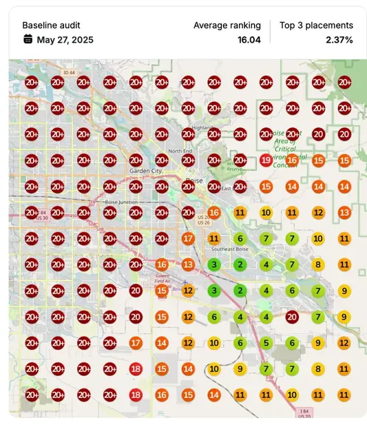 Google Maps ranking grid before for "landscaping services near [city]", Landscaping