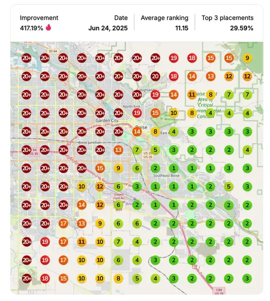 Google Maps ranking grid after for "landscaping services near [city]", Landscaping
