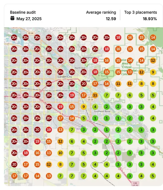Google Maps ranking grid before for "landscaping [city]", Landscaping