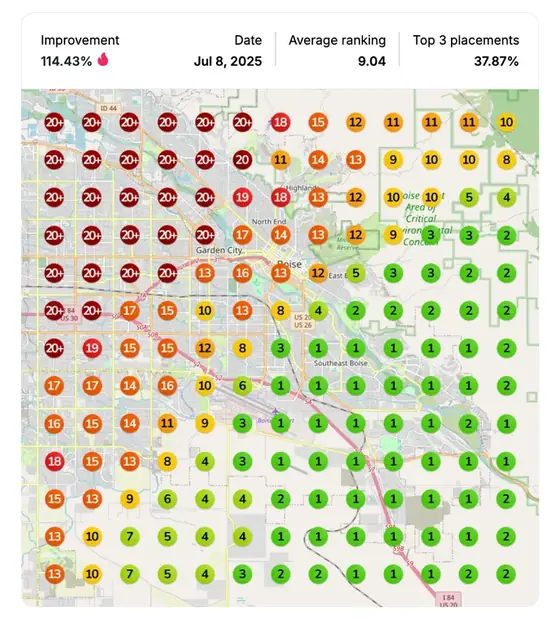 Google Maps ranking grid after for "landscaping [city]", Landscaping