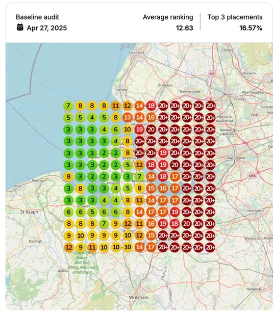 Google Maps ranking grid before for "best accident claims lawyer", Personal injury law