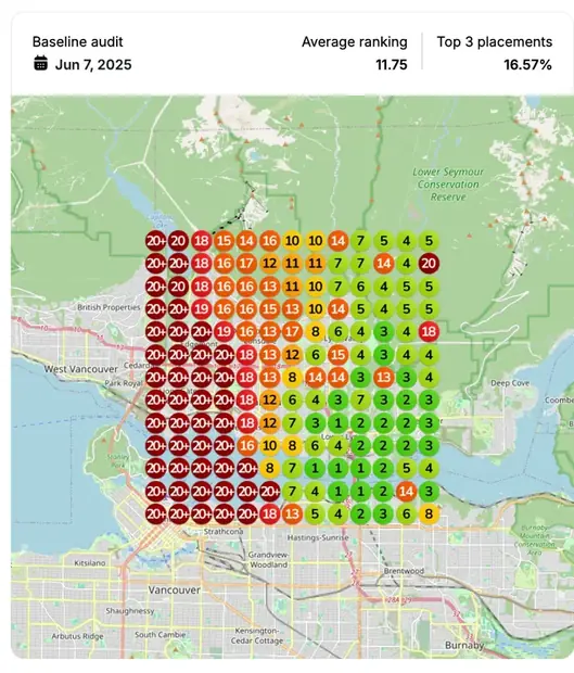 Google Maps ranking grid before for "furniture movers", Removals