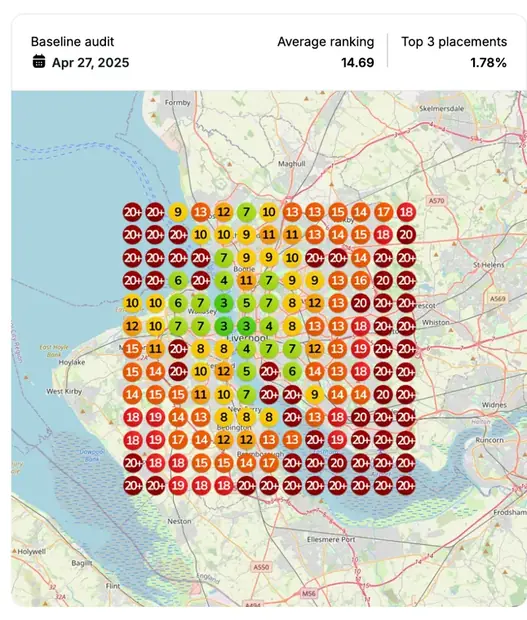 Google Maps ranking grid before for "personal injury lawyer", Personal injury law