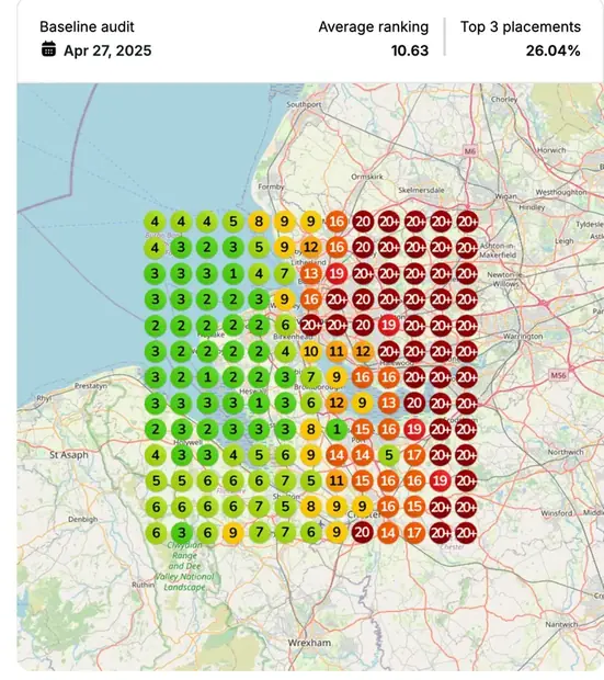 Google Maps ranking grid before for "accident at work lawyer", Personal injury law