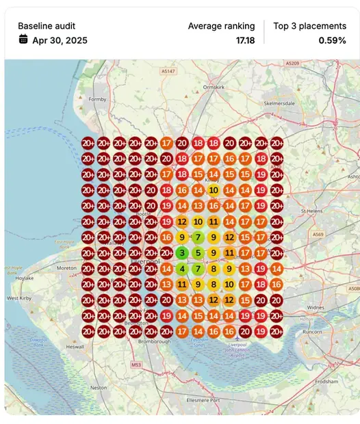Google Maps ranking grid before for "car accident lawyer", Personal injury law
