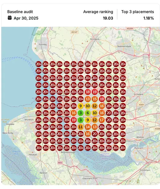 Google Maps ranking grid before for "personal injury lawyer", Personal injury law