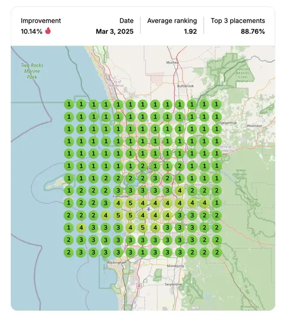 Google Maps ranking grid after for "home builders [city]", Home builder