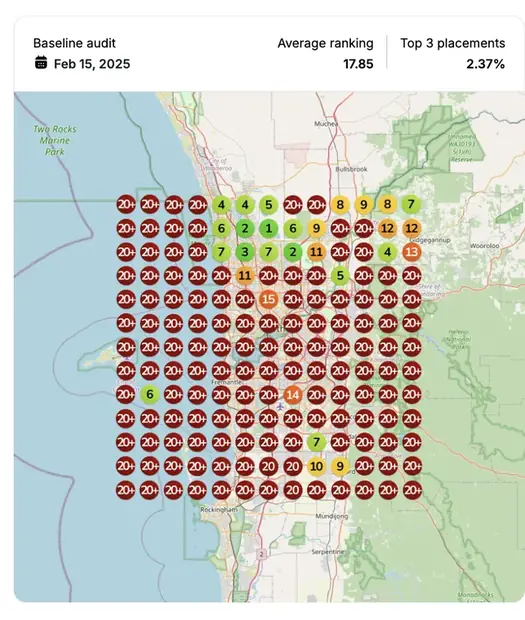 Google Maps ranking grid before for "[city] builders", Home builder