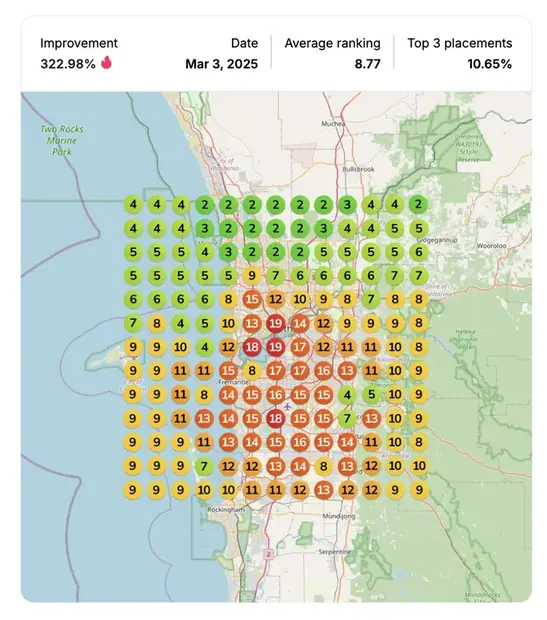 Google Maps ranking grid after for "[city] builders", Home builder