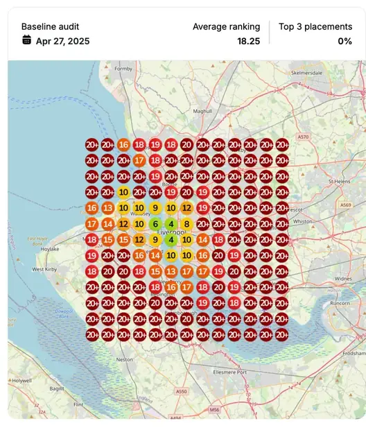Google Maps ranking grid before for "criminal injury lawyer", Personal injury law