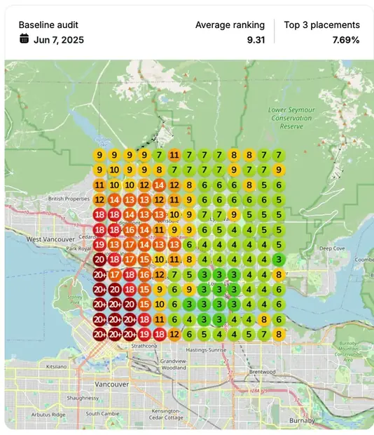 Google Maps ranking grid before for "piano movers", Removals