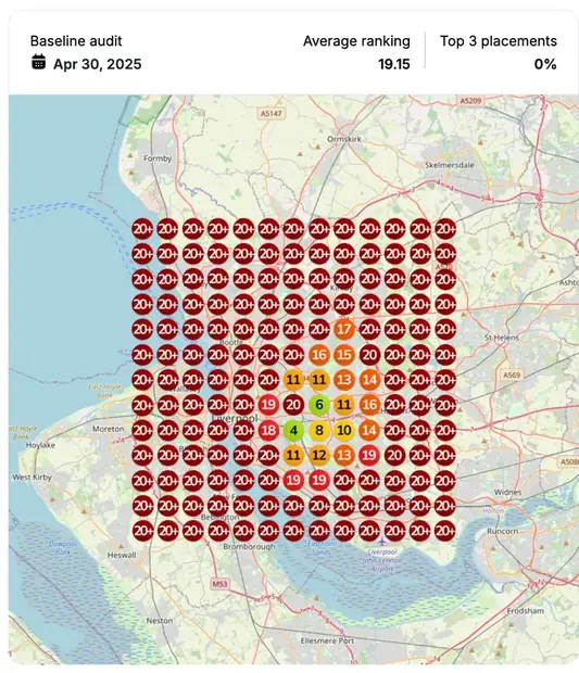 Google Maps ranking grid before for "workplace injury lawyer", Personal injury law