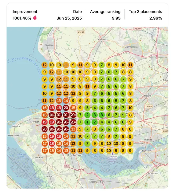 Google Maps ranking grid after for "workplace injury lawyer", Personal injury law