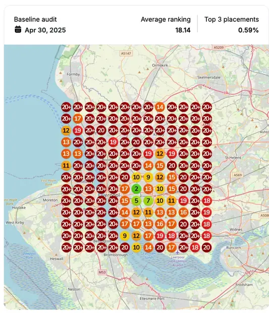 Google Maps ranking grid before for "construction accident lawyer", Personal injury law