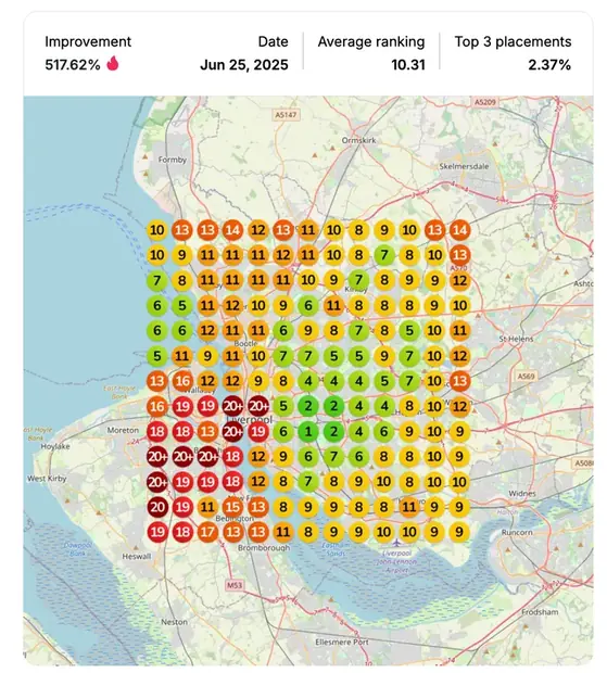 Google Maps ranking grid after for "construction accident lawyer", Personal injury law