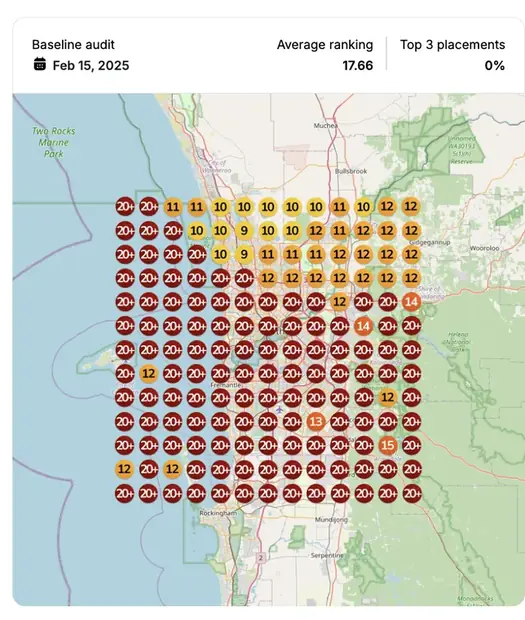 Google Maps ranking grid before for "house and land packages [city]", Home builder