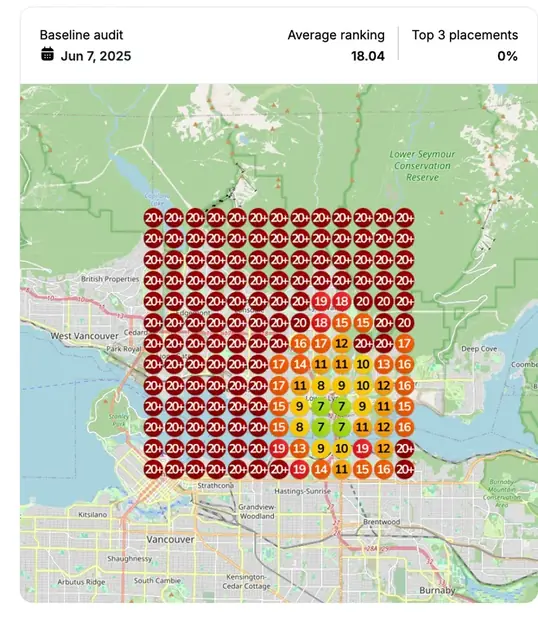 Google Maps ranking grid before for "affordable movers", Removals