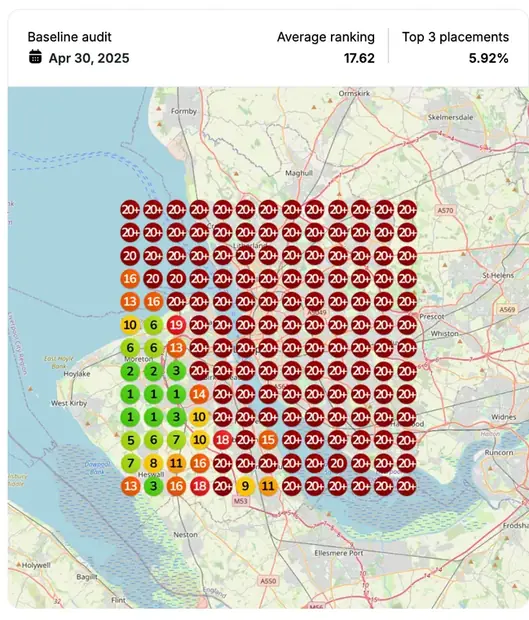 Google Maps ranking grid before for "no win no fee employment lawyers near me", Personal injury law