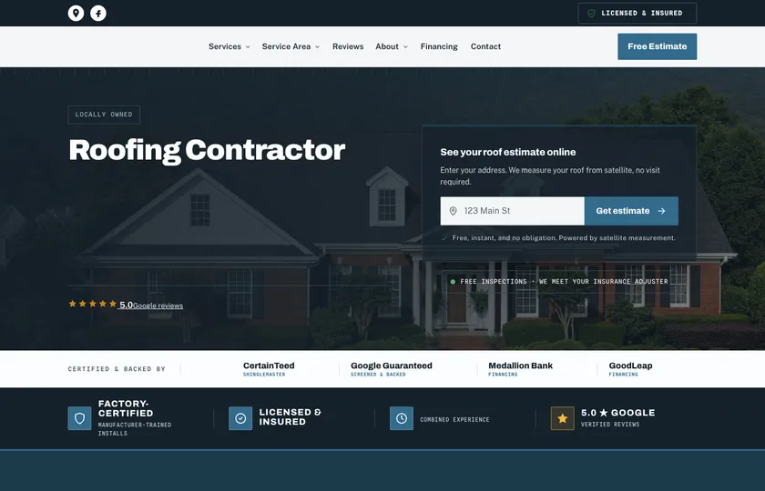 Roofing contractor website built by Rank on Maps