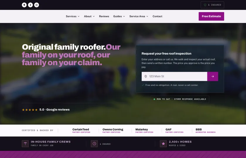 Family roofing company website built by Rank on Maps