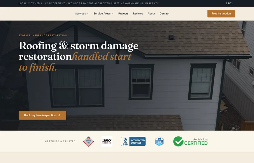 Roofing and storm restoration website built by Rank on Maps