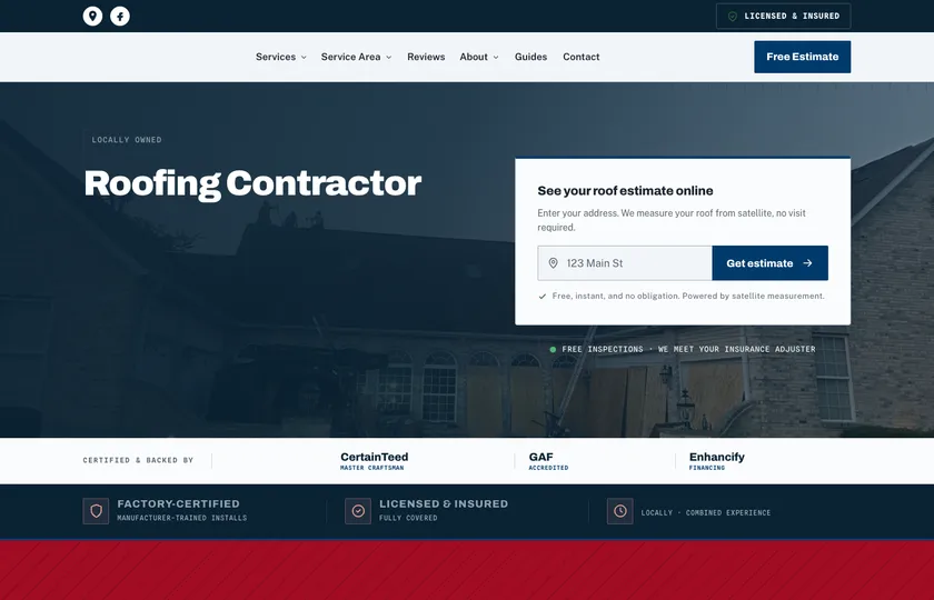 Roofing contractor website built by Rank on Maps
