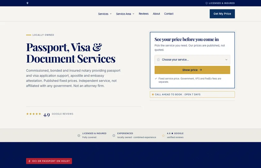 Passport and document services website built by Rank on Maps