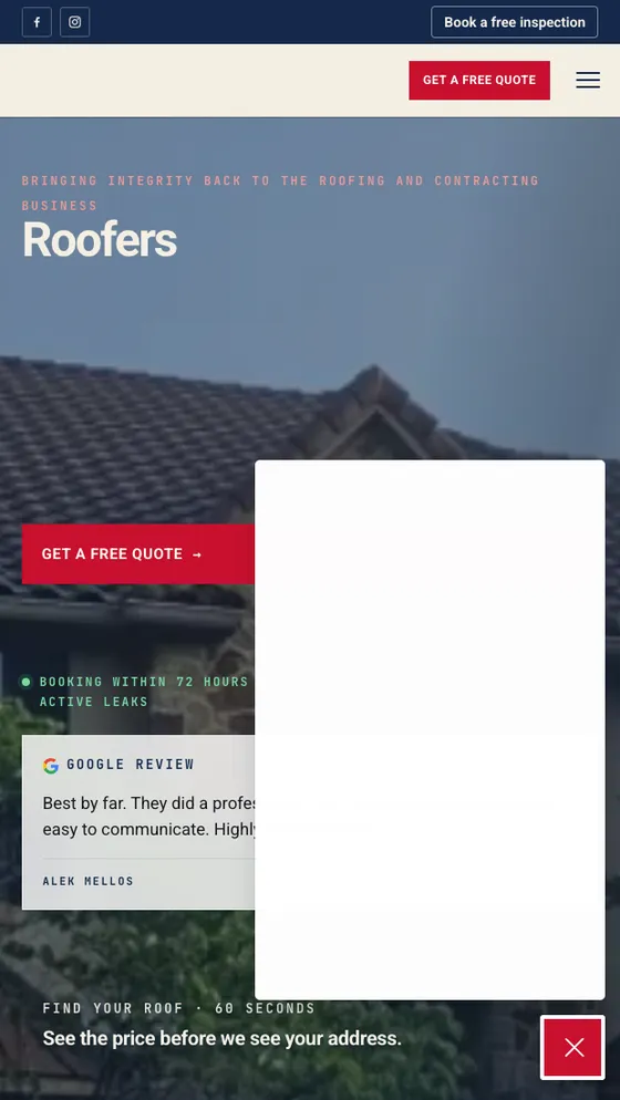 Roofing contractor website on mobile, built by Rank On Maps