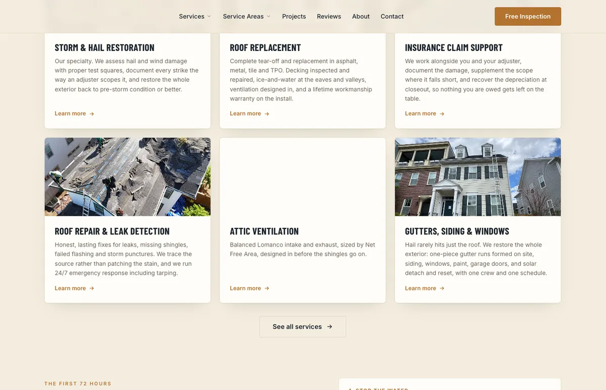 Roofing & exteriors service pages, built and ranked by Rank On Maps