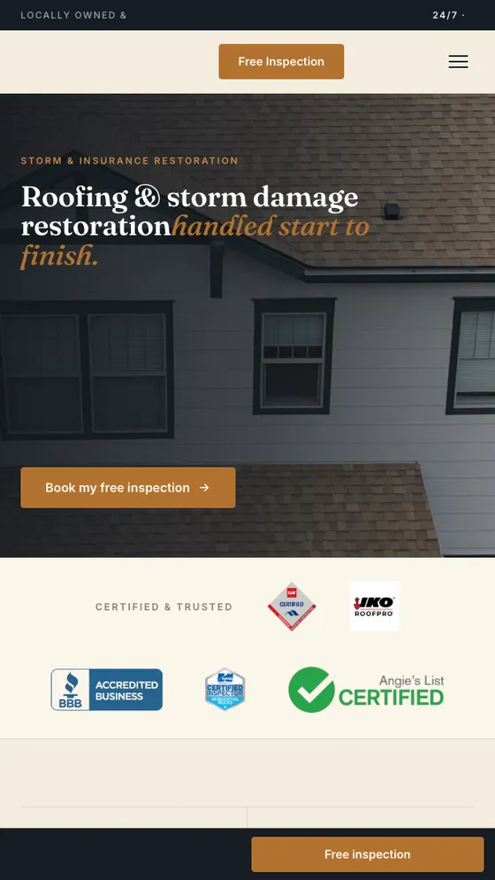Roofing & exteriors website on mobile, built by Rank On Maps